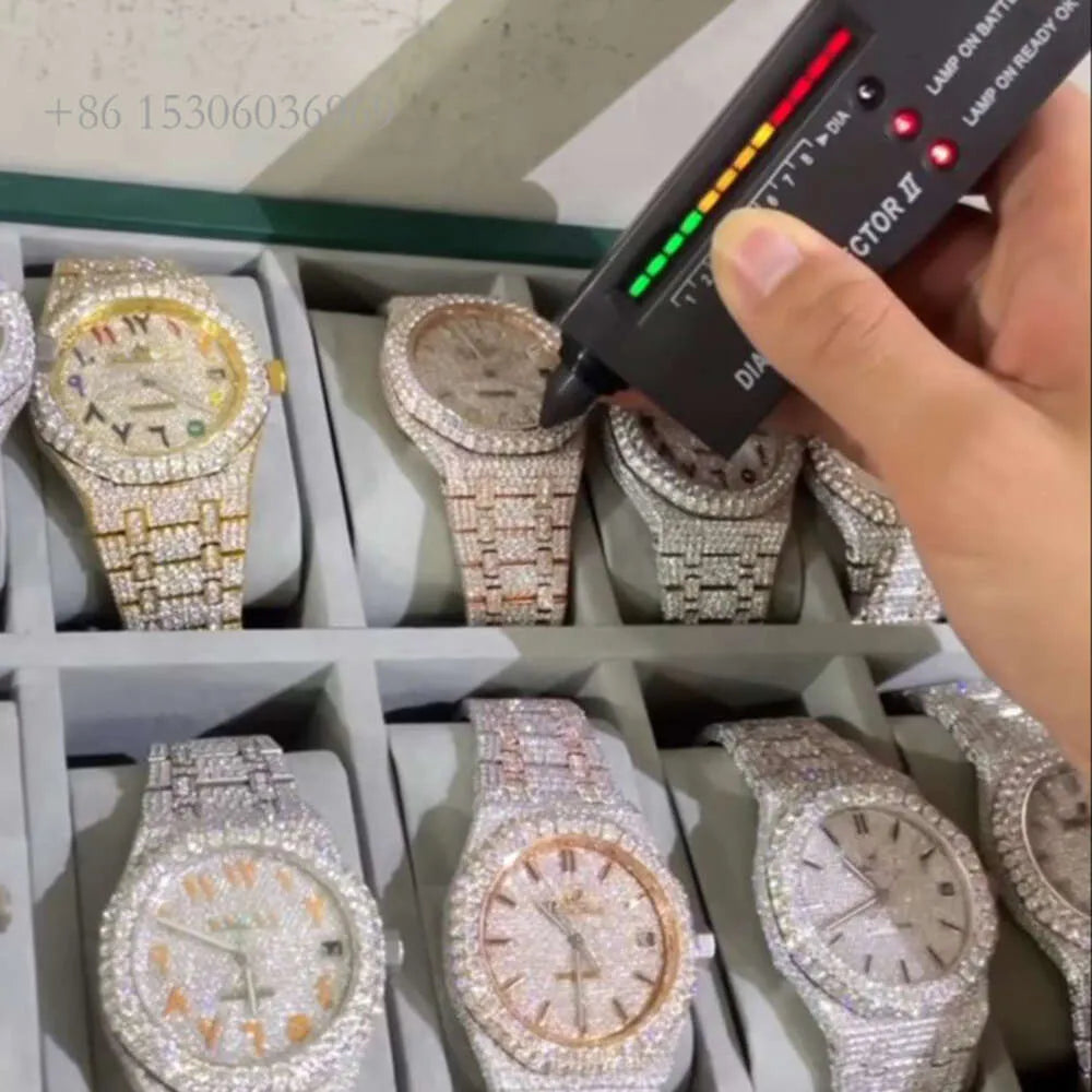 Custom Vvs1 Moissanite Diamond Hip Hop Automatic Handcrafted Mossanite Studded Stainless Steel Belt Men Watches