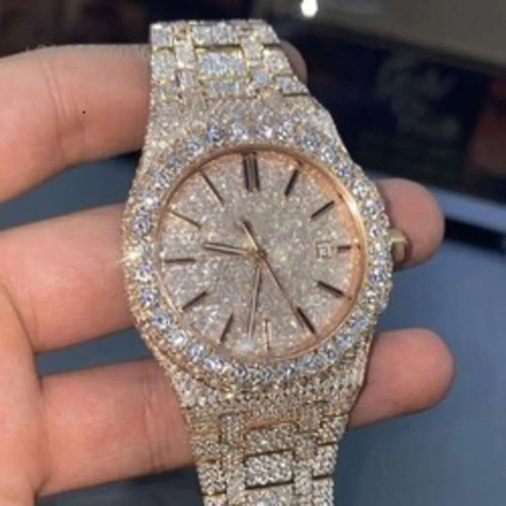 Custom Vvs1 Moissanite Diamond Hip Hop Automatic Handcrafted Mossanite Studded Stainless Steel Belt Men Watches