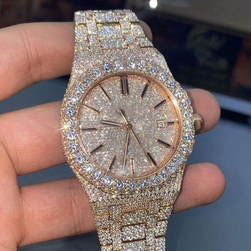 Custom Vvs1 Moissanite Diamond Hip Hop Automatic Handcrafted Mossanite Studded Stainless Steel Belt Men Watches